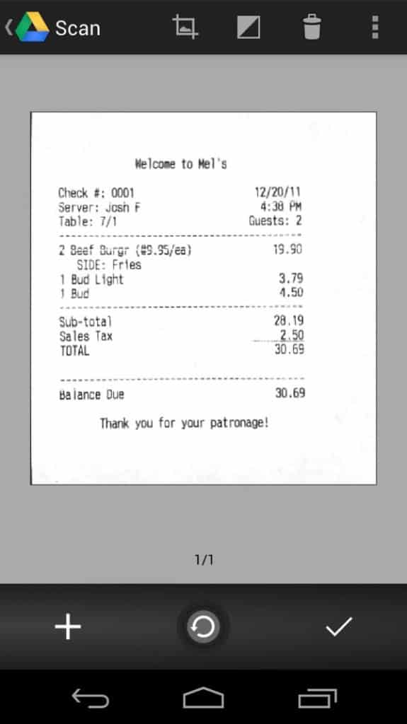 Google Drive scanned receipt preview