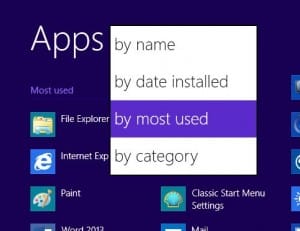 Windows 8.1 sort options for All Apps screen