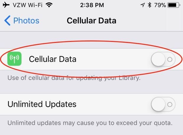 iCloud Photo Library cellular data setting