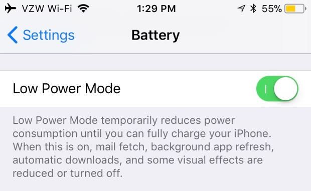 iPhone Low Power Mode setting