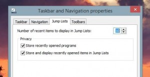 Windows Jump List settings