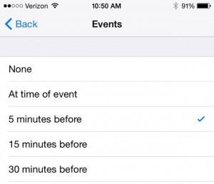 iOS Calendar default alert settings