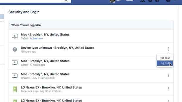 Facebook security log out of session