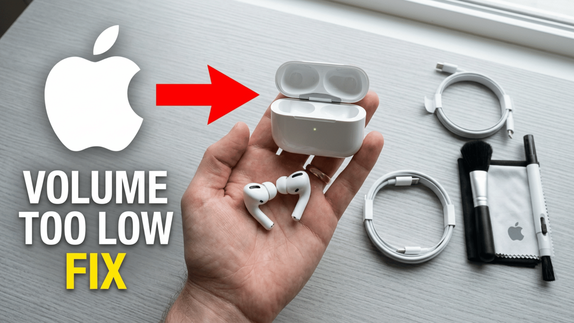 A hand holding AirPods and their charging case next to cleaning tools with the text "VOLUME TOO LOW FIX".