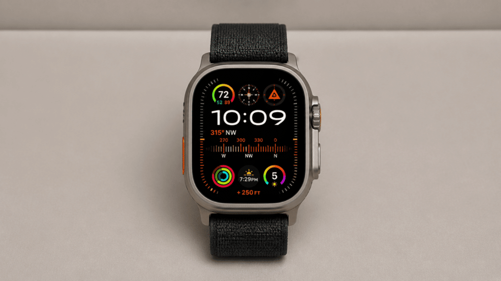 Apple watch ultra 2 showing compass and activity data on screen with time 1009 on neutral background