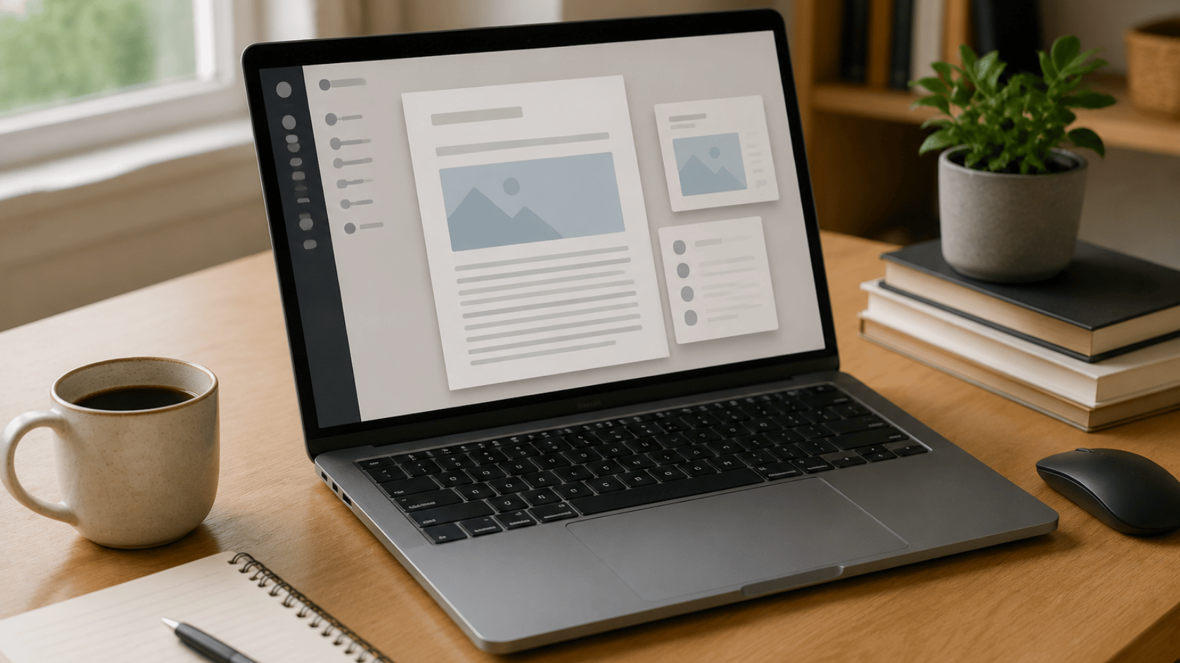 Laptop showing blog editor with floating documents and content blocks around it