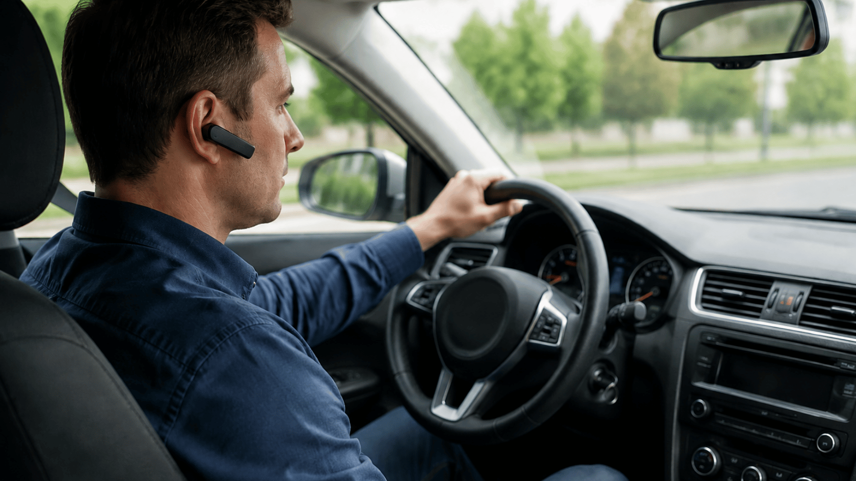 Man driving a car wearing a Bluetooth headset while holding the steering wheel, with dashboard and road visible through windshield.