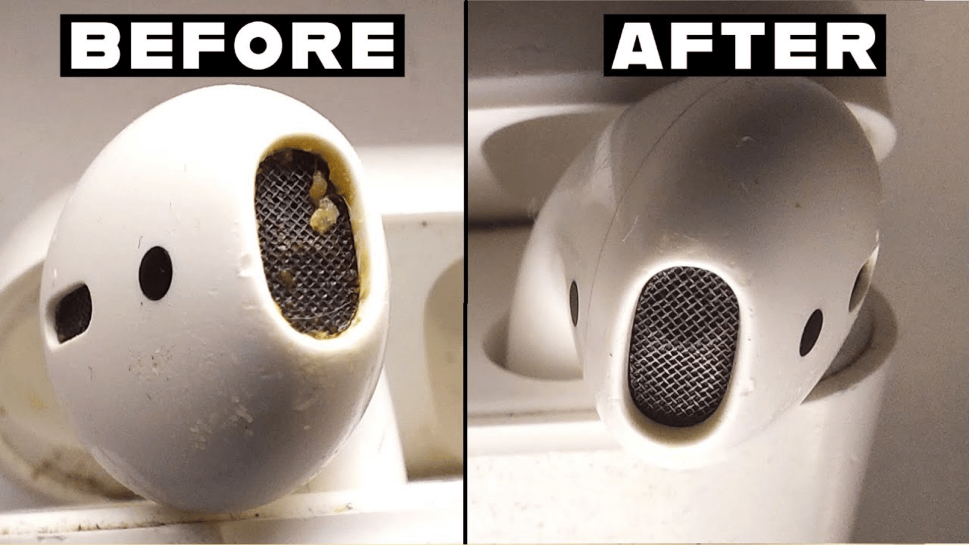 Can Dirt or Blocked Speaker Mesh Make AirPods Quieter showing before and after comparison of clogged and cleaned AirPods speaker mesh