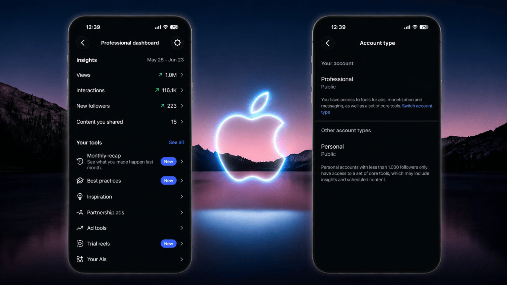 Two smartphones showing dashboard and account screens over neon Apple logo with dusk mountain lake background