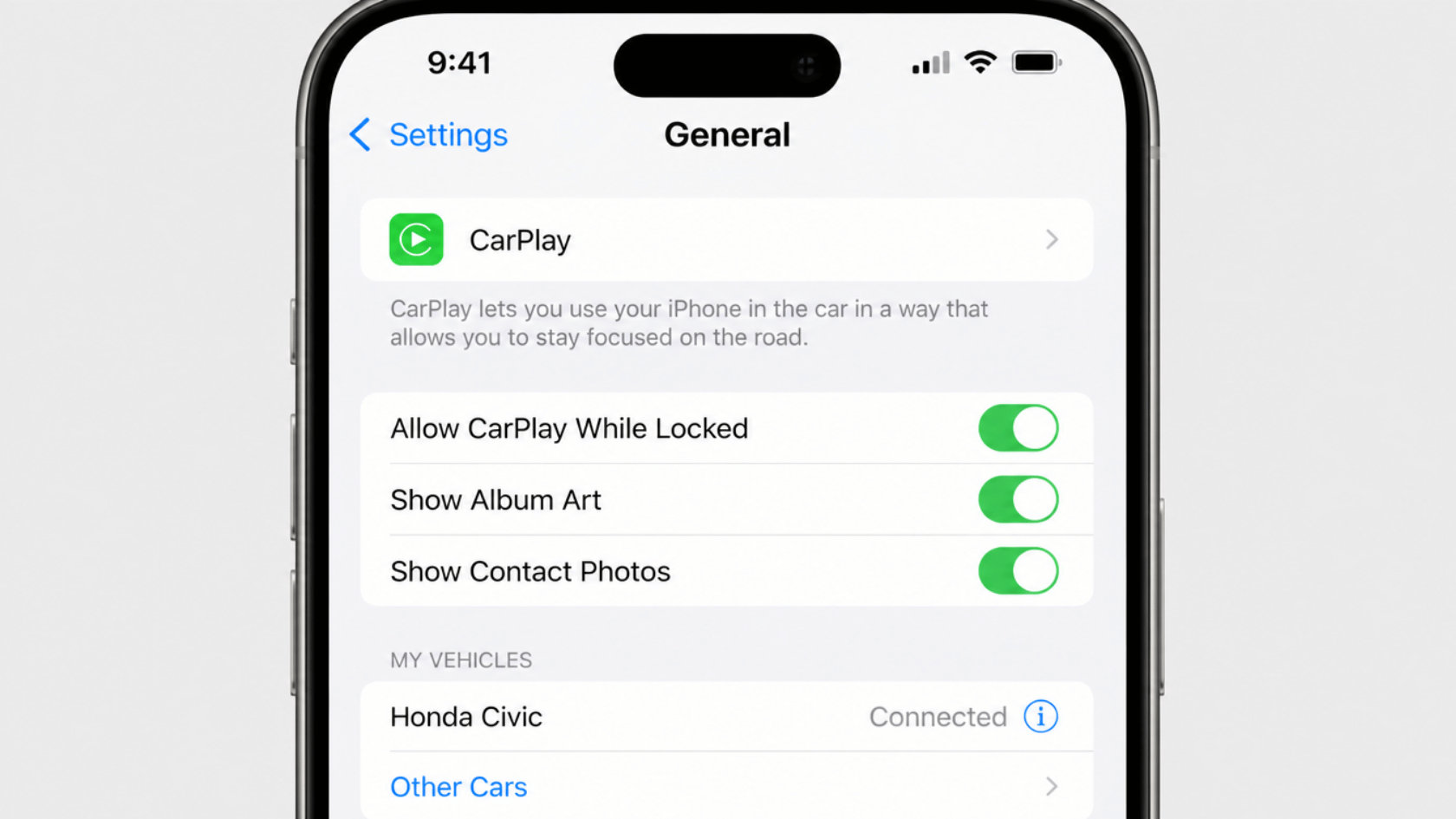 Iphone displaying settings screen related to CarPlay and device connection options