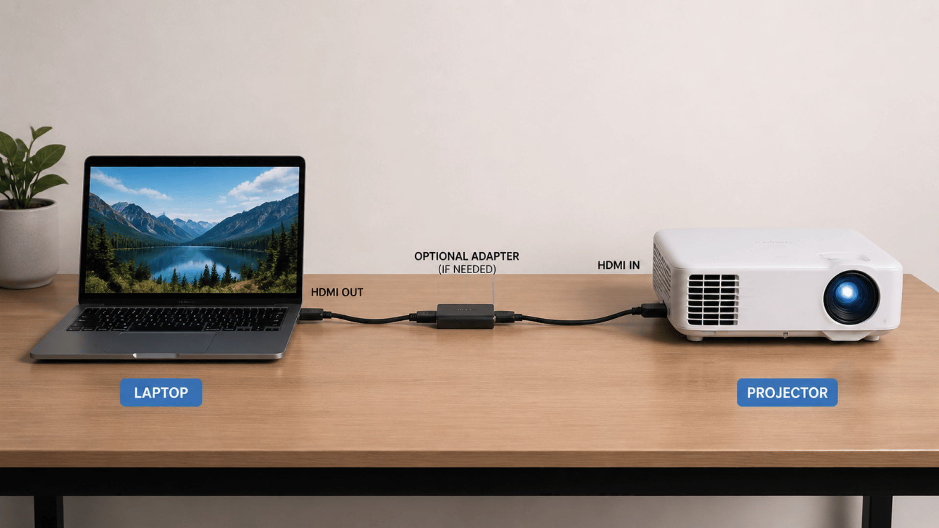HDMI cable connecting laptop to projector with adapter on a desk