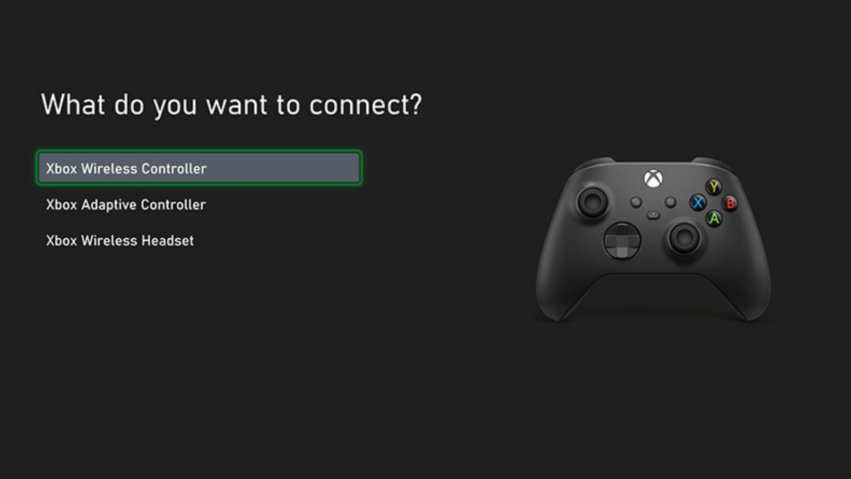 Xbox connection screen showing options for Wireless Controller, Adaptive Controller, and Wireless Headset with controller image on right side.