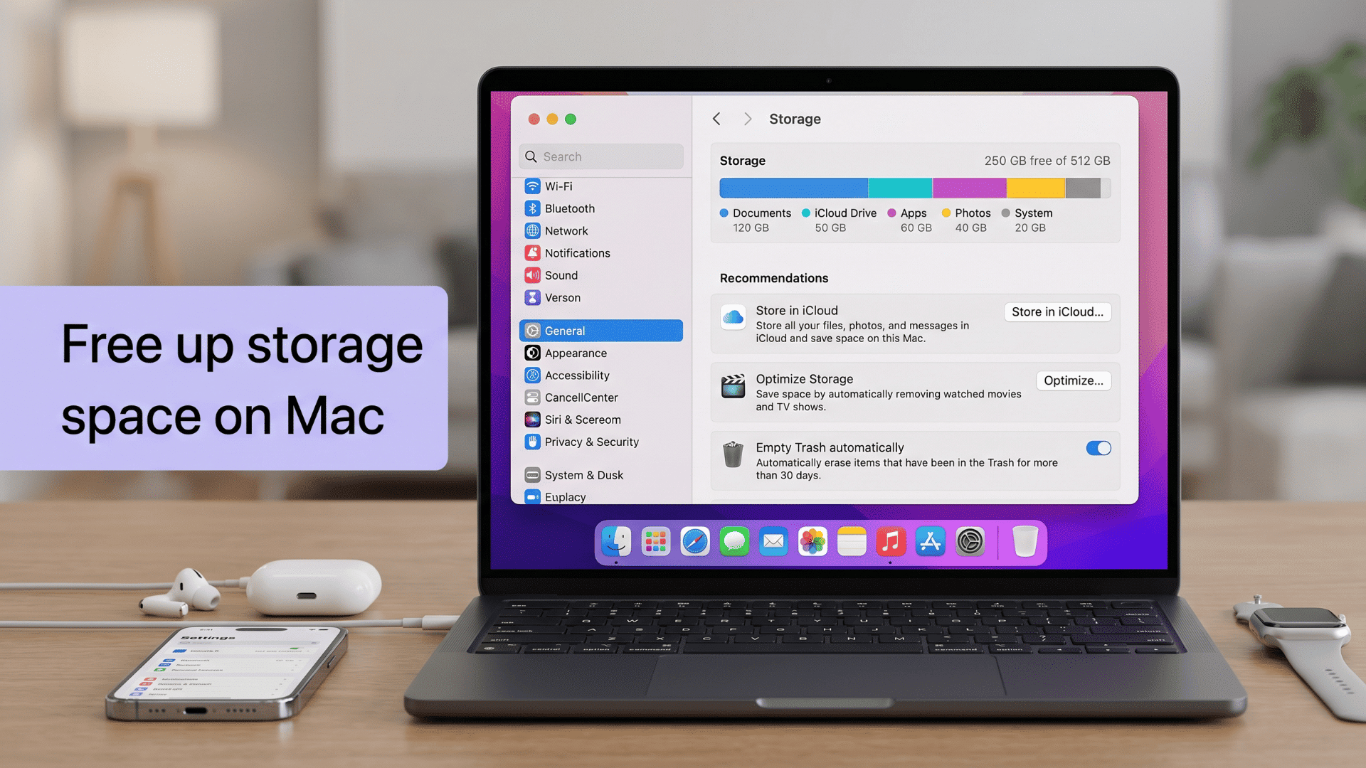 Mac Storage Settings showing 250 GB free with options to store in iCloud and optimize storage — the easiest way to free up storage space on Mac.