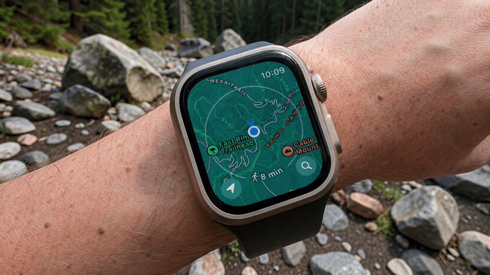 Apple watch ultra 2 displaying navigation route on screen showing GPS tracking