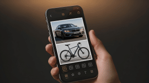 Hand holding an iPhone displaying a collage app with a car and a bicycle on the screen, dark gradient background