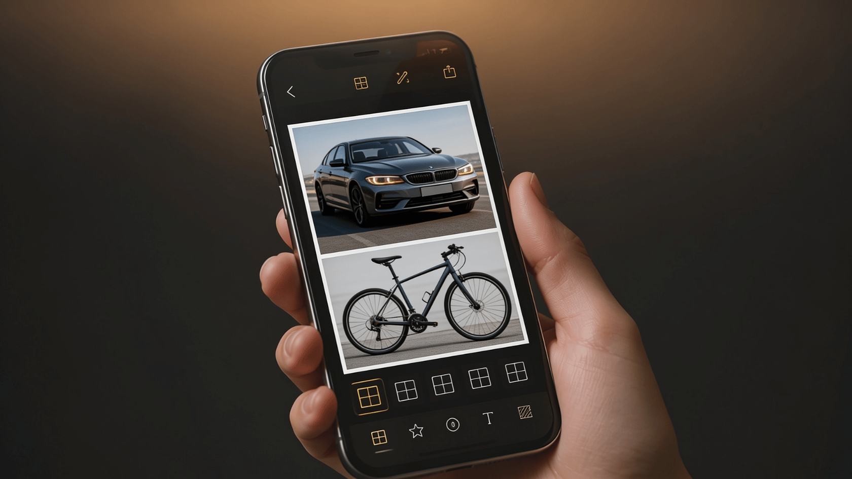 Hand holding an iPhone displaying a collage app with a car and a bicycle on the screen, dark gradient background