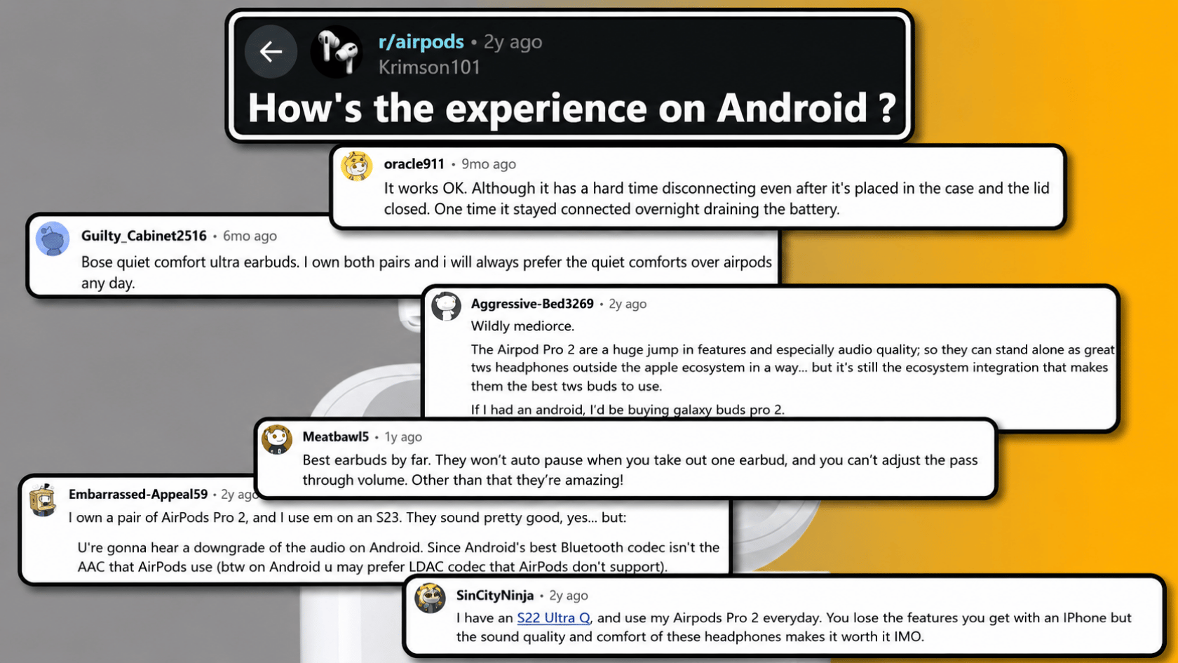 Reddit-style thread about AirPods on Android with layered comment cards on gray-to-orange background.