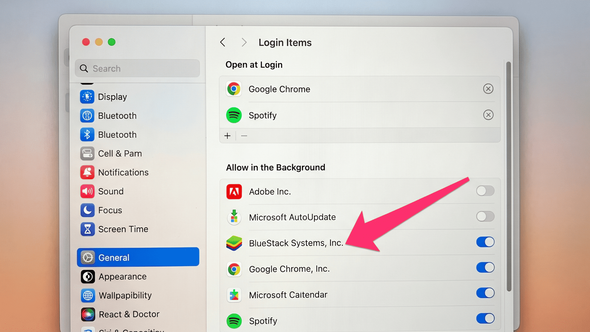 Mac System Settings showing Login Items and background apps — a quick fix to restore Mac speed in minutes by disabling unnecessary startup programs.