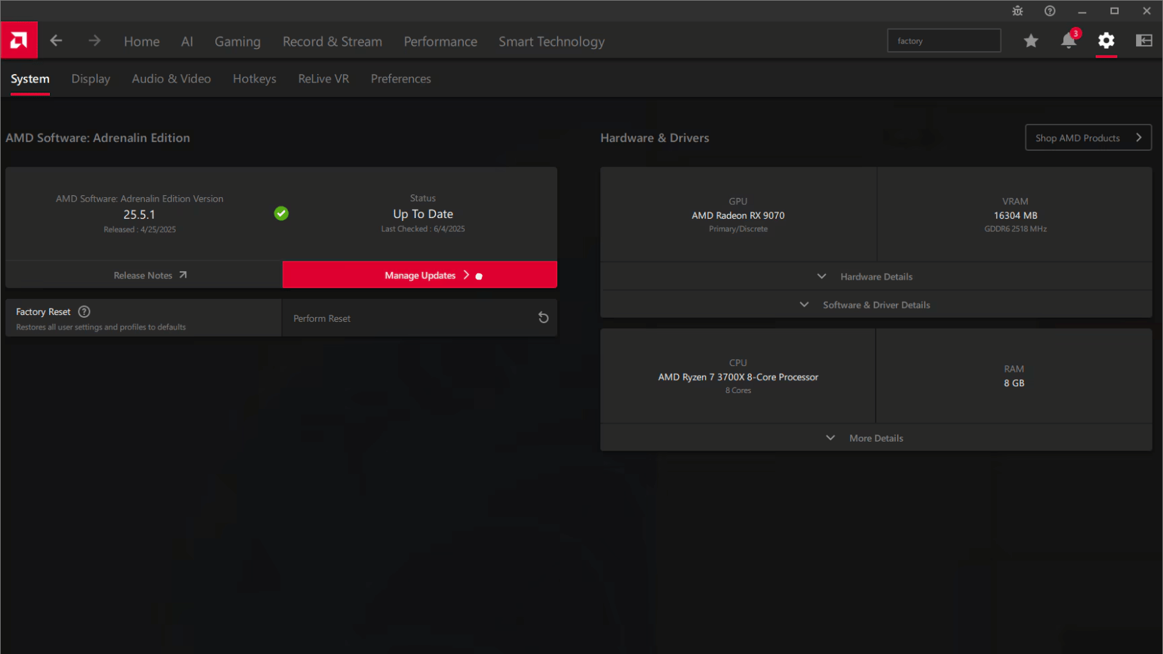 AMD Software Adrenalin Edition System screen showing Factory Reset option and hardware details for GPU, CPU, and RAM