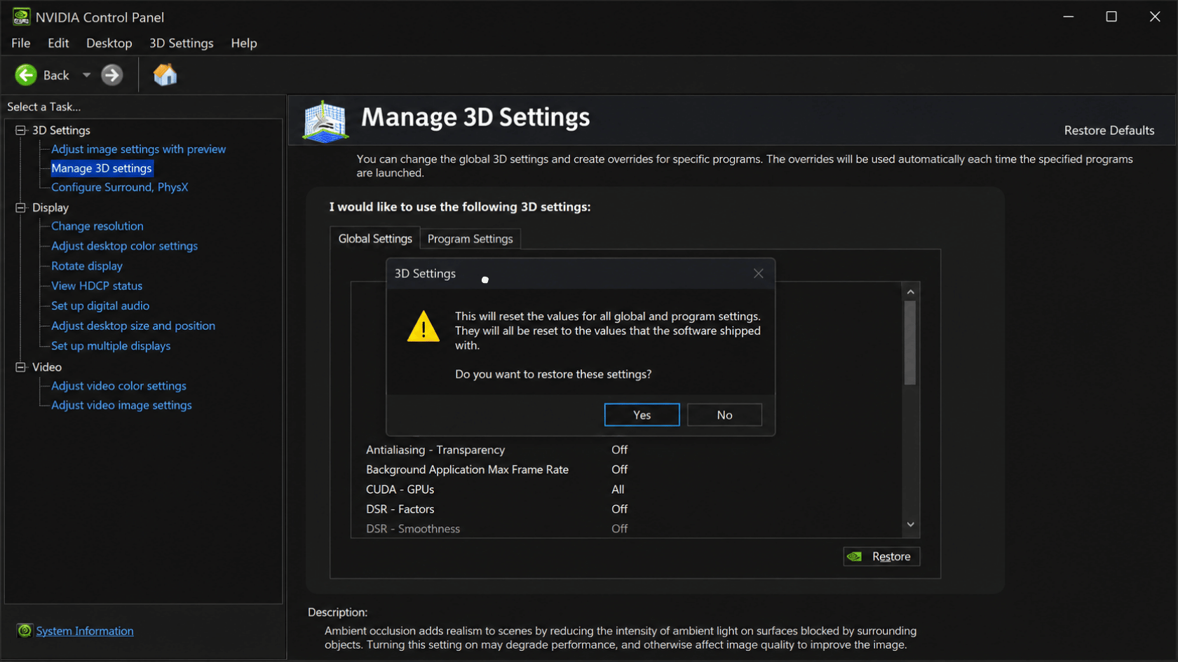NVIDIA Control Panel showing Manage 3D Settings with a reset confirmation dialog and Yes/No options for restoring defaults.