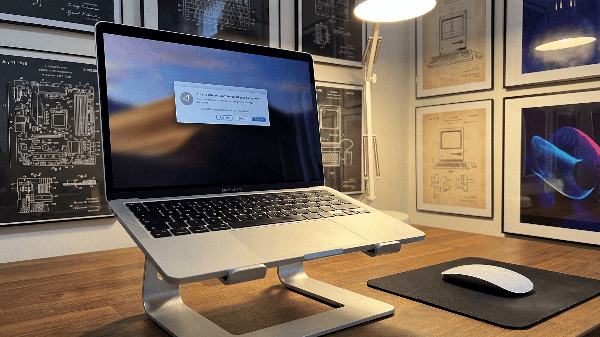 MacBook Pro displaying a restart confirmation dialog — a simple step to restart the Mac and clear slow performance instantly.