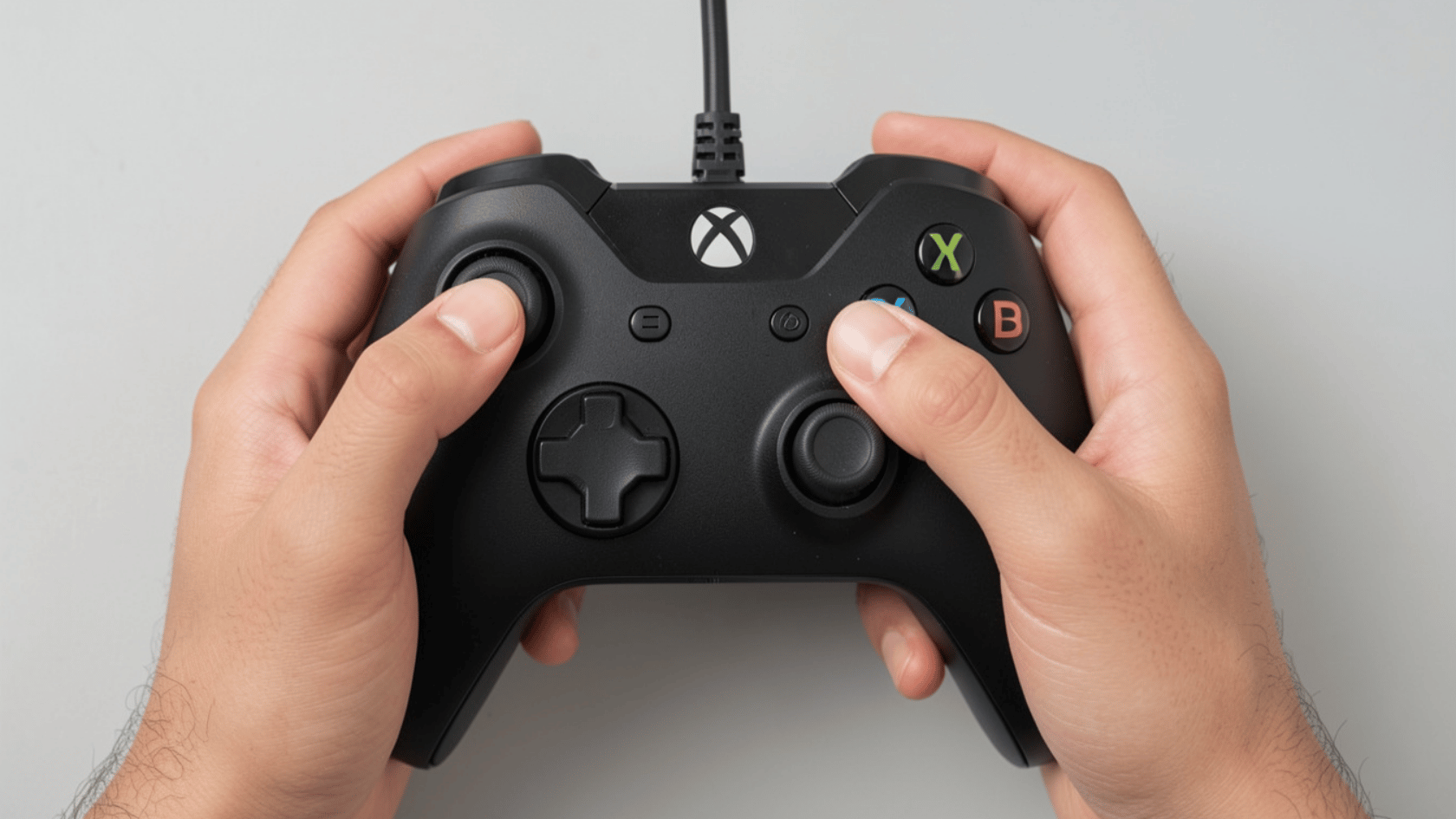 Close-up of Xbox controller analog stick being rotated in circular motion while pressed down