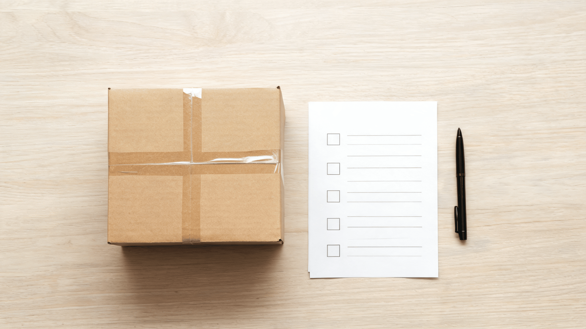 Sealed package beside checklist sheet and pen on a table representing safe handling steps