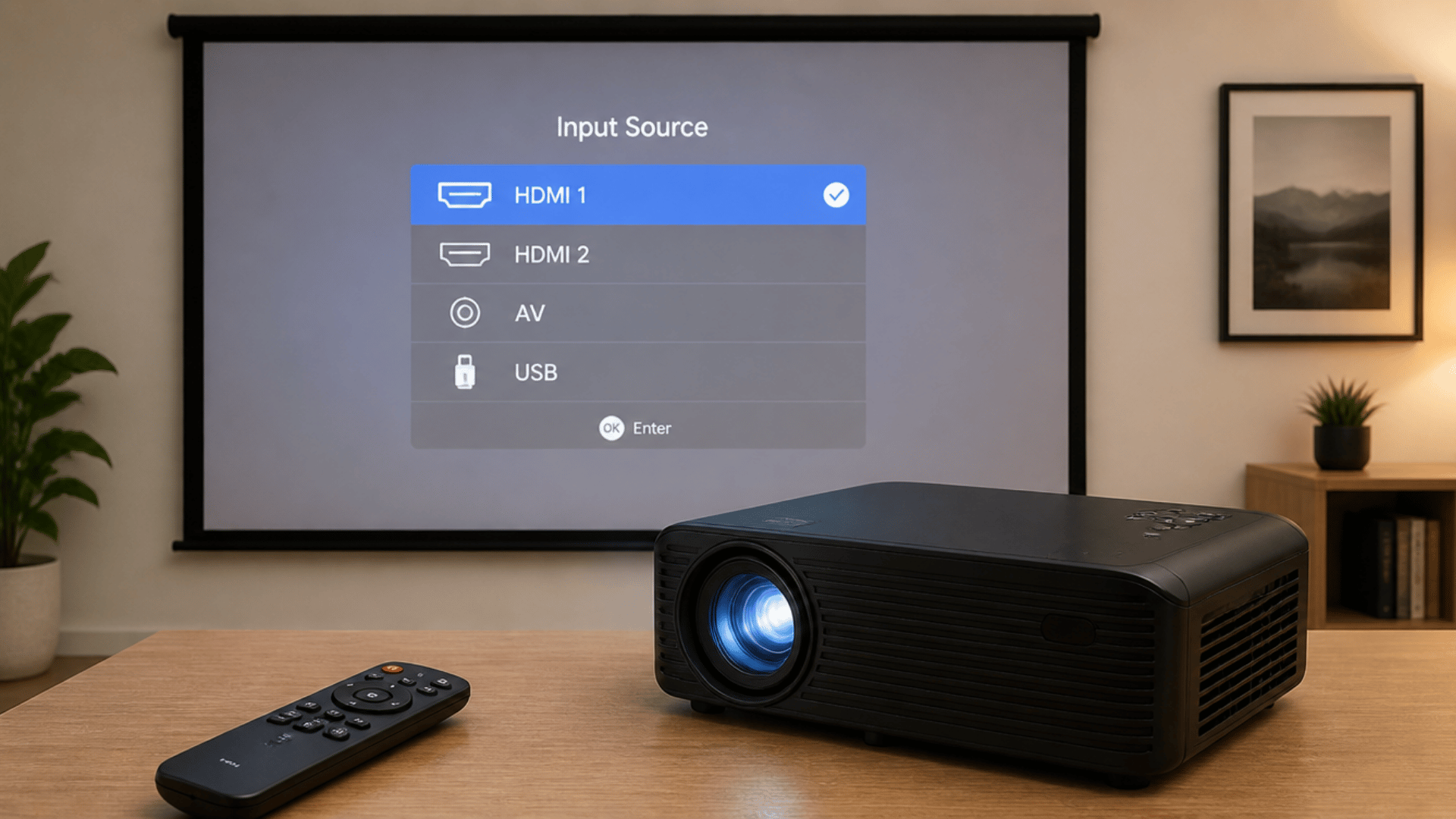 Projector displaying input menu with HDMI option selected and remote nearby