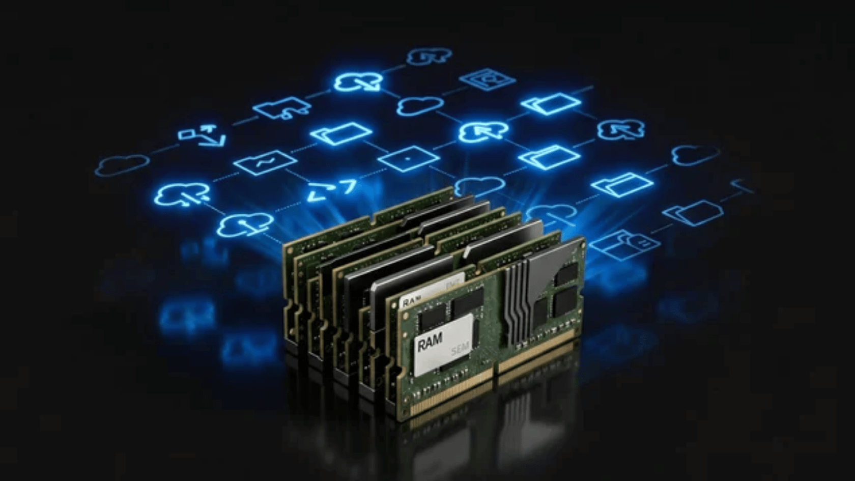 Several RAM sticks standing upright on a reflective surface with digital cloud storage icons projected above