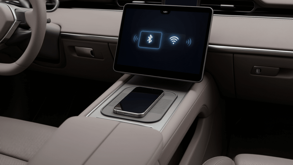 Smartphone placed near car dashboard showing wireless CarPlay setup with phone beside infotainment system in a car interior view.