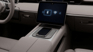 Smartphone placed near car dashboard showing wireless CarPlay setup with phone beside infotainment system in a car interior view.