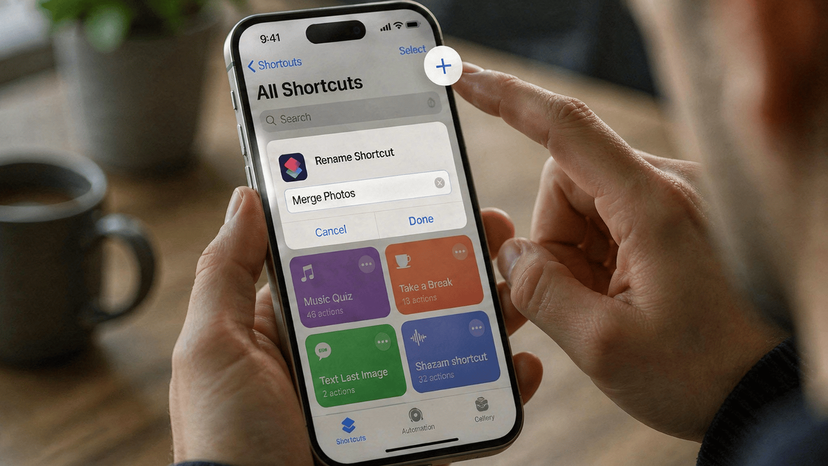 iPhone screen in Shortcuts app with new shortcut being created and renamed "Merge Photos"