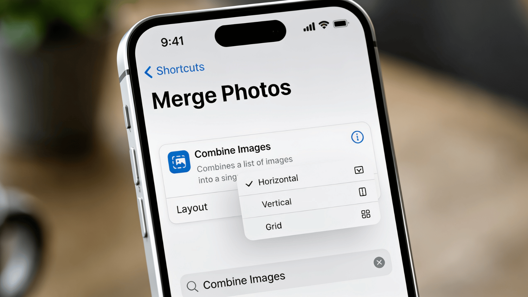 iPhone screen in Shortcuts app adding "Combine Images" action with horizontal layout option visible