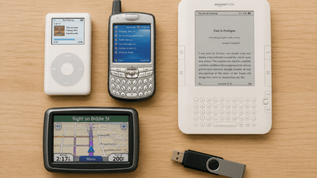 Top-down flat lay of early 2000s tech on a wooden desk, including MP3 player, early smartphone, e-reader, GPS device, and USB flash drive.
