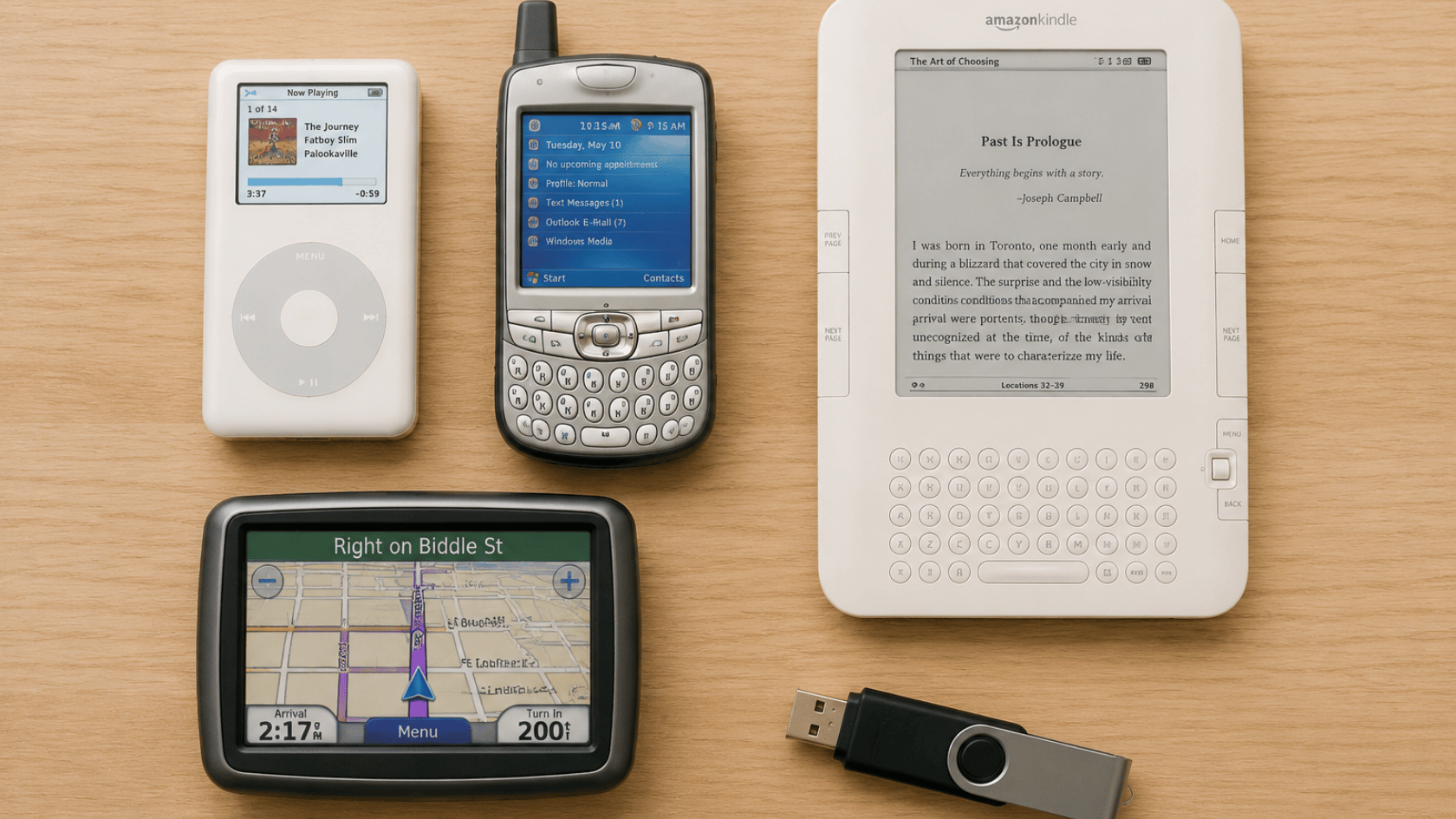 Top-down flat lay of early 2000s tech on a wooden desk, including MP3 player, early smartphone, e-reader, GPS device, and USB flash drive.