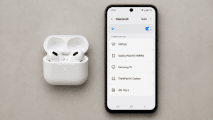 White AirPods in an open charging case next to a smartphone displaying available Bluetooth devices.