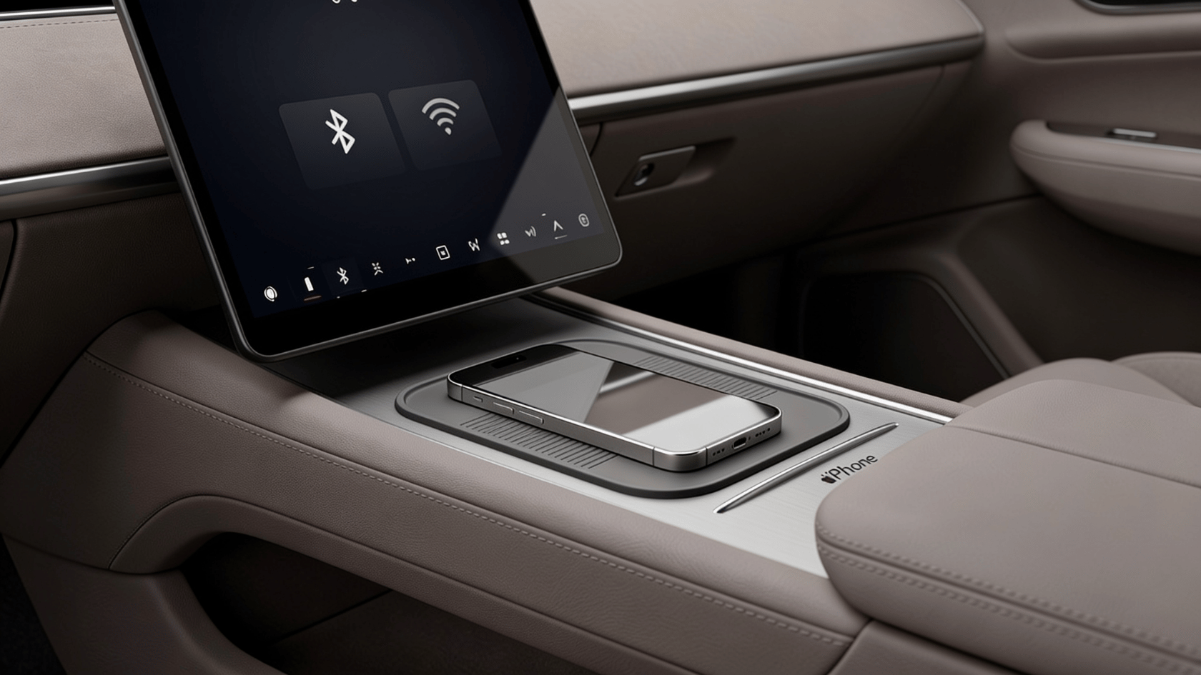 iPhone placed near car dashboard showing wireless CarPlay connection concept with phone and infotainment system side by side