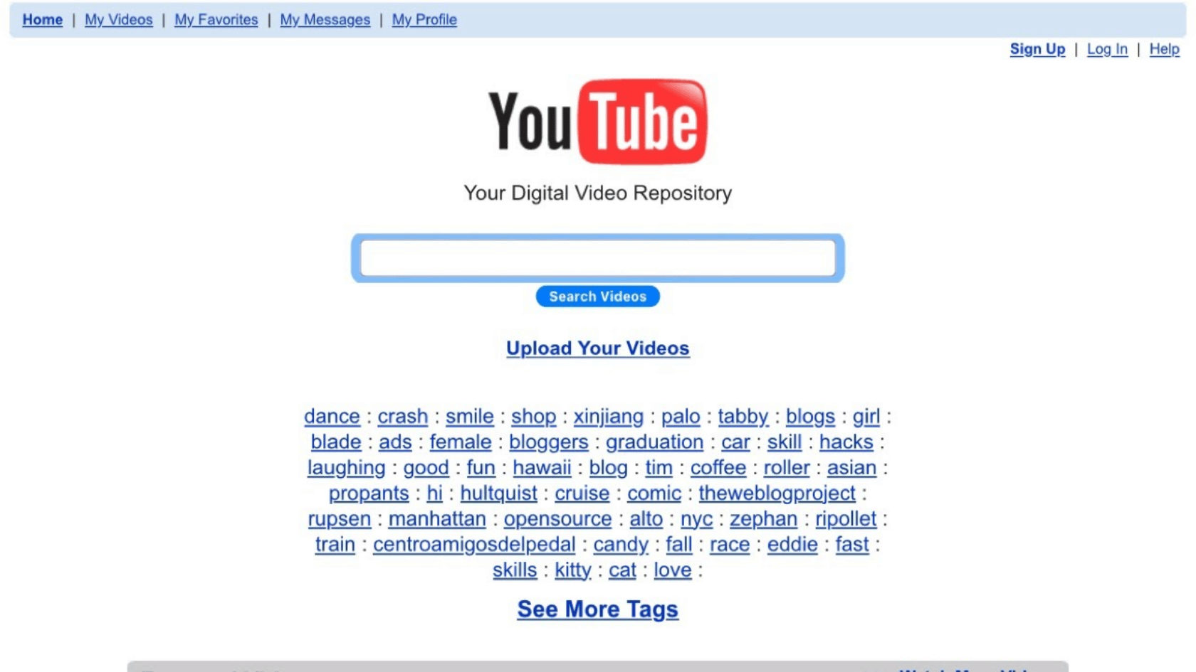 Early YouTube homepage showing logo, search bar, navigation links, upload button, and a list of video tags.