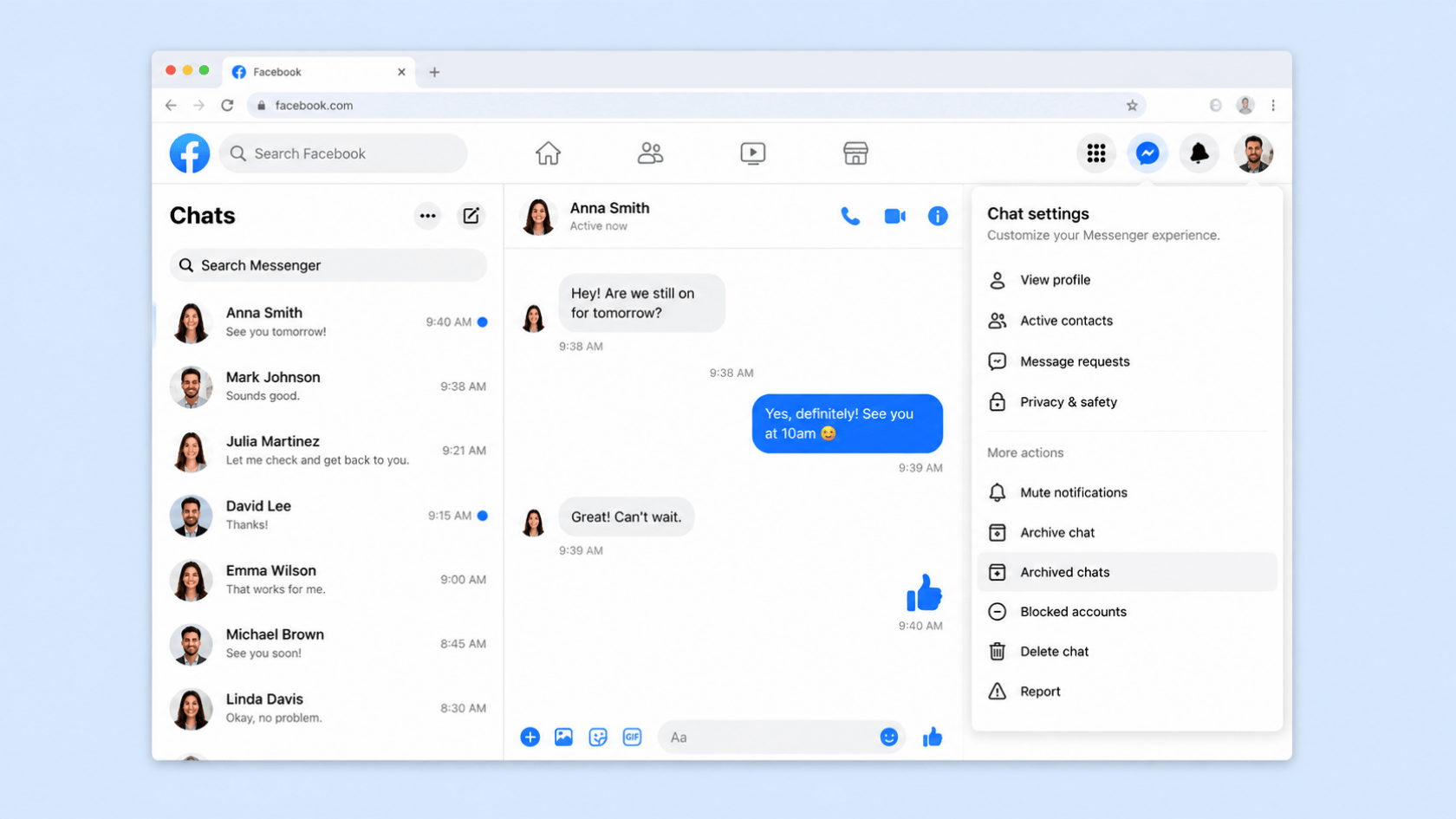Facebook Messenger chat interface on desktop with chat settings menu open and archived chats option highlighted.