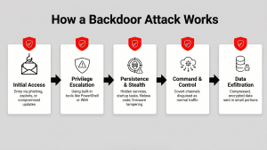 Diagram showing stages of a backdoor attack: initial access, privilege escalation, stealth, control, data exfiltration.