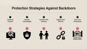 Infographic showing five backdoor protection strategies: technical controls, security tech, human roles, supply chain, zero trust.