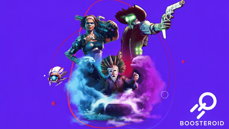 Stylized gaming characters on purple background with Boosteroid logo and wordmark in bottom right corner