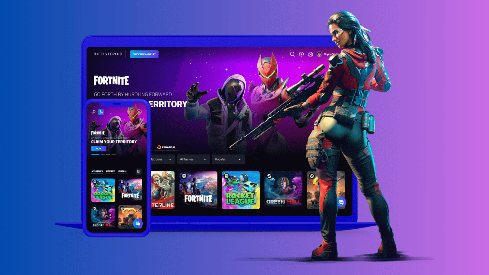 Boosteroid cloud gaming interface shown on desktop and mobile screens with Fortnite and game library visible.