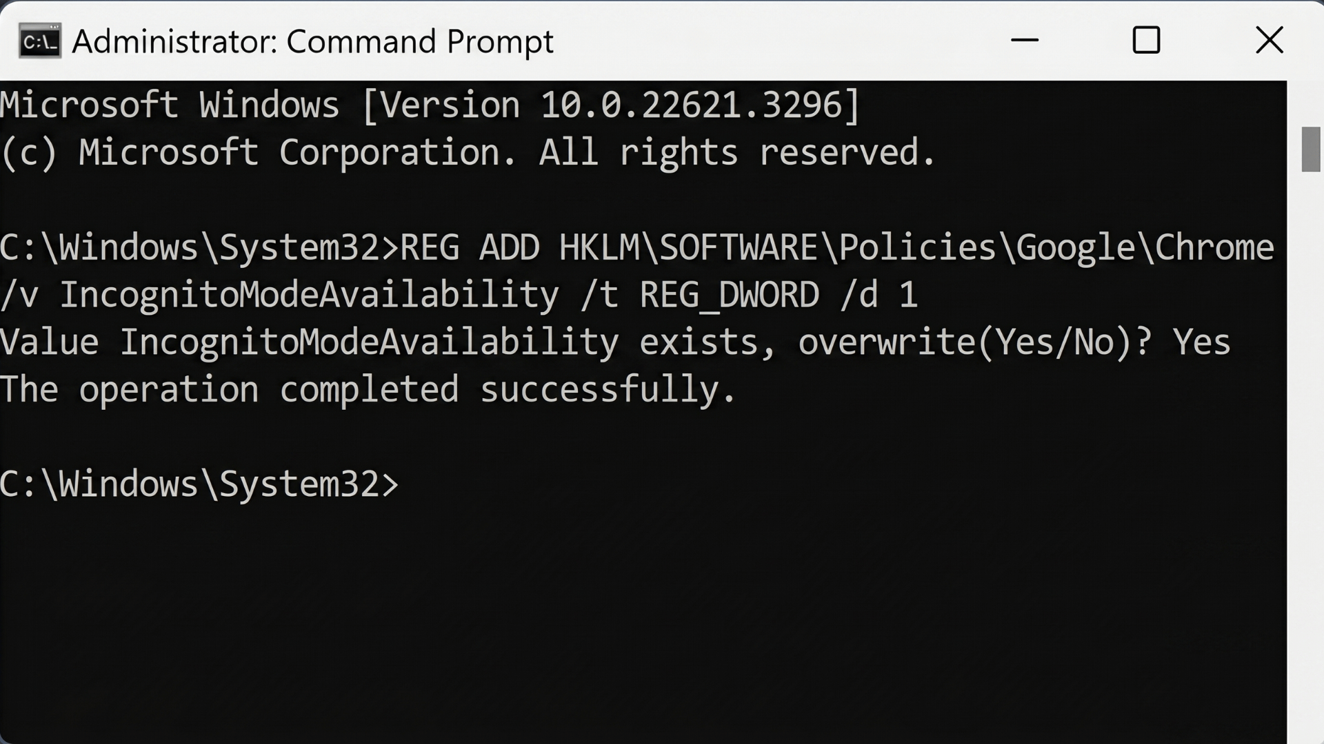 Windows Command Prompt showing registry command to disable Chrome Incognito Mode successfully.