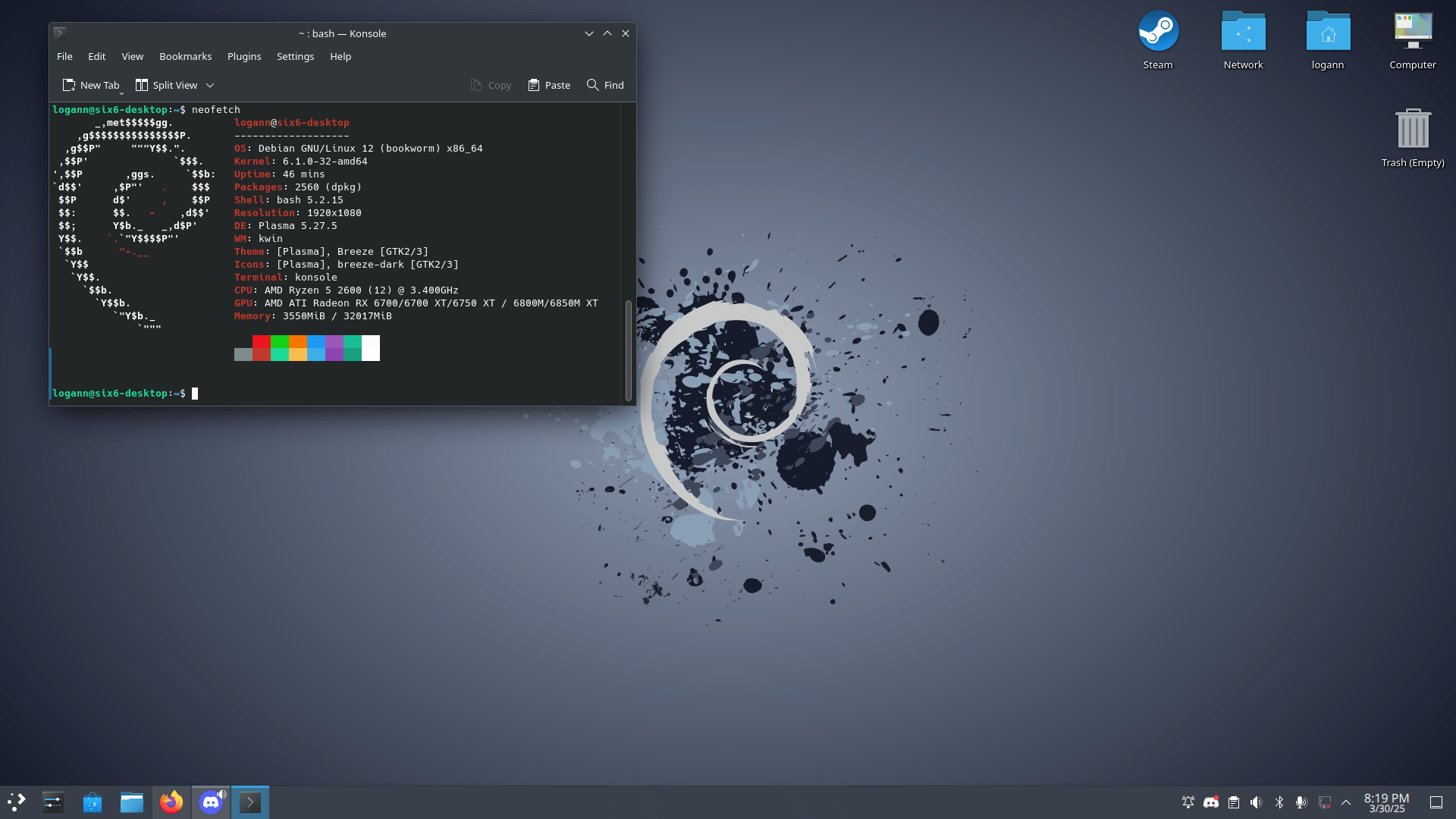 Debian desktop with terminal showing system info and KDE Plasma environment open.