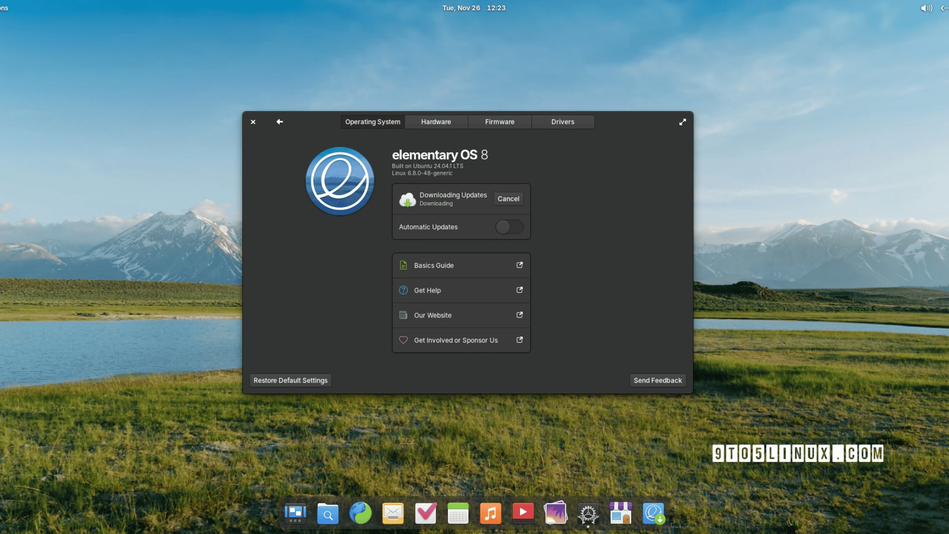 Elementary OS 8 desktop showing system info, file manager, and browser on a scenic mountain and river background.