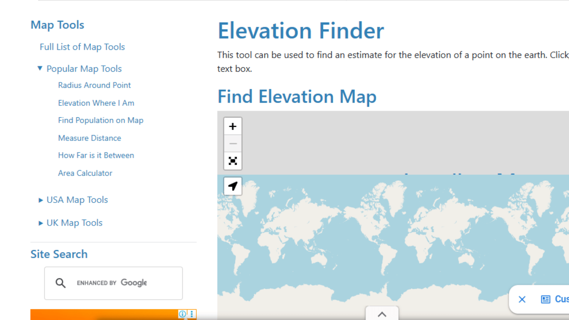 Elevation Finder web tool showing a world map interface where users can click or enter an address to find elevation of any point on Earth