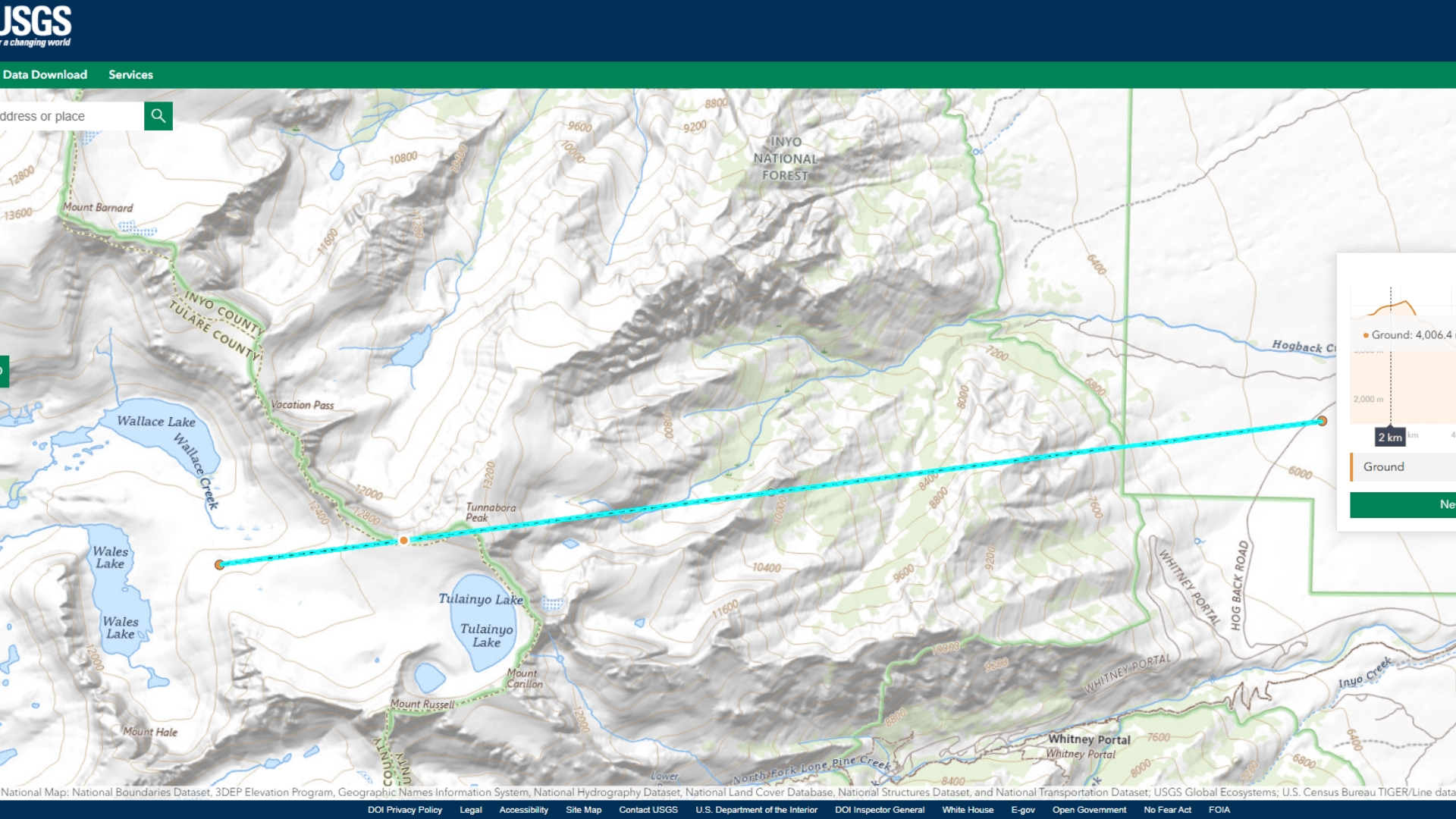 USGS topo map of Sierra Nevada near Whitney Portal showing elevation profile line with ground elevation of 4,006 meters displayed.