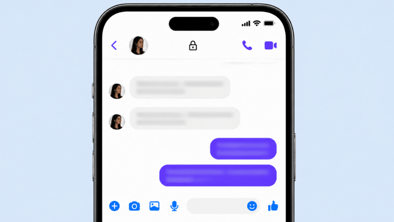 Smartphone showing Messenger chat interface with lock icon and blurred messages in conversation screen