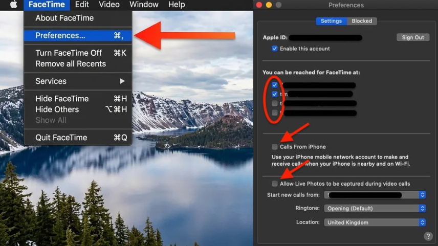 face-time-preferences-window-showing-settings-menu-and-calls-from-i-phone-option-highlighted-with-red-arrows